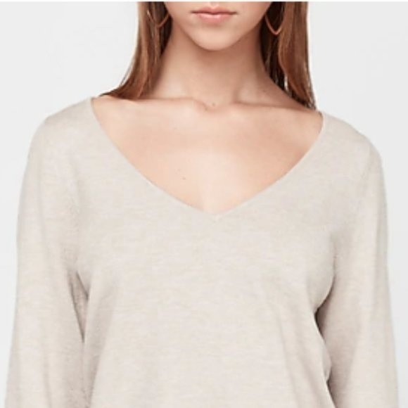 Express Beige Deep V-Neck Balloon Sleeve Sweater - Picture 1 of 8